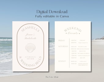 Küsten Bachelorette Einladung, Muscheln & Hochzeitsglocken, bearbeitbare Canva Vorlage (Digitaler Download)