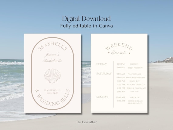 Coastal Bachelorette Invitation, Seashells & Wedding Bells, Editable Canva Template (Digital Download)
