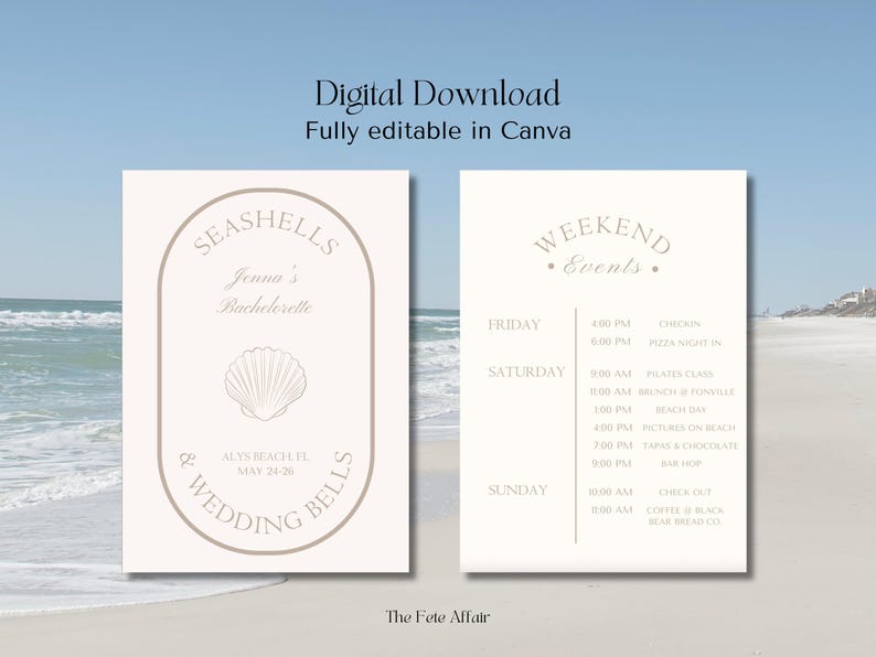 May include: A printable bachelorette weekend itinerary with a seashell and wedding bell theme. The itinerary includes a list of events for Friday, Saturday, and Sunday. The text includes "Seashells & Wedding Bells", "Jenna's Bachelorette", "Alys Beach, FL, May 24-26", "Weekend Events", "Friday", "Saturday", "Sunday", "Checkin", "Pizza Night In", "Pilates Class", "Brunch @ Fonville", "Beach Day", "Pictures on Beach", "Tacos & Chocolate", "Bar Hop", "Check Out", "Coffee & Black Bear Blend Co."