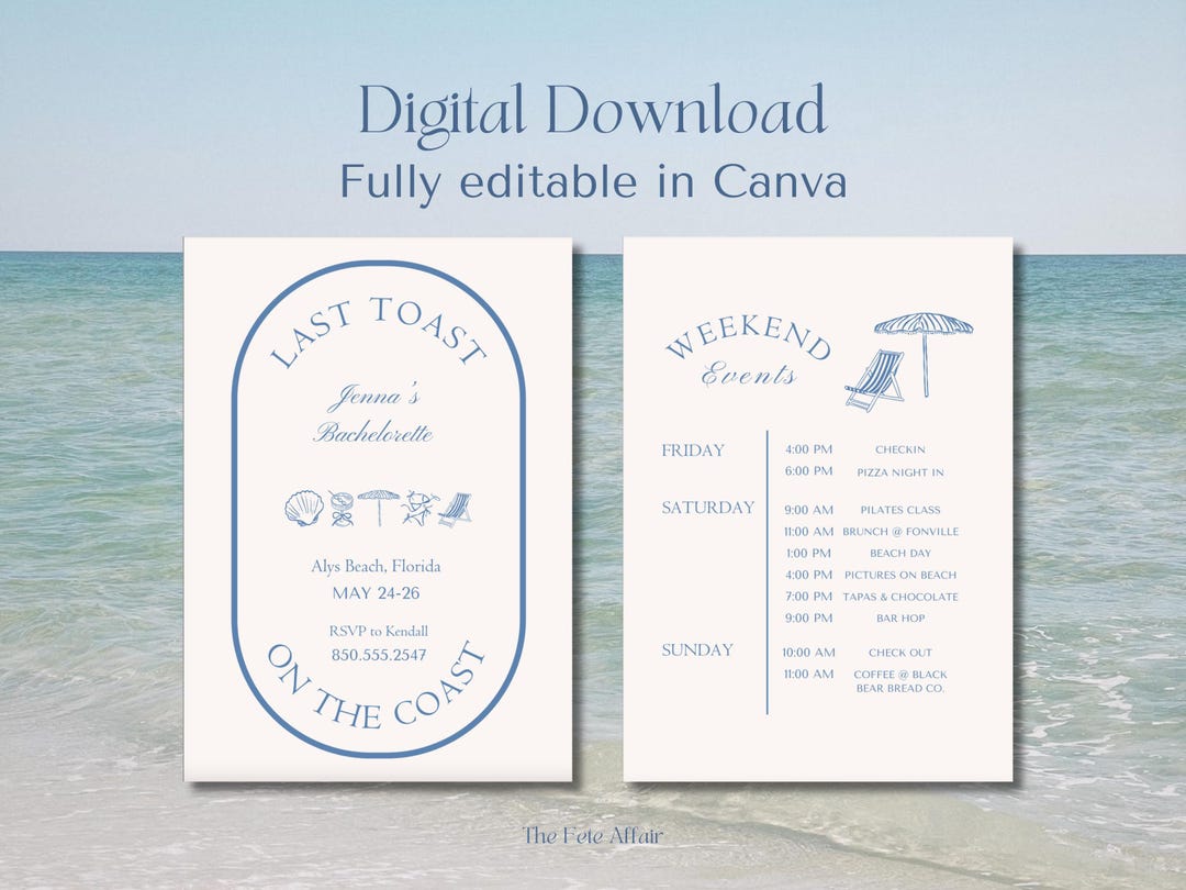 Coastal Bachelorette Invitation and Itinerary Template, Last Toast on ...