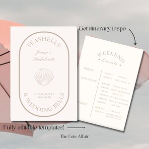 May include: A printable template for a bachelorette weekend itinerary. The template features a seashell design and the text "Seashells & Wedding Bells". The itinerary includes a list of events for Friday, Saturday, and Sunday.