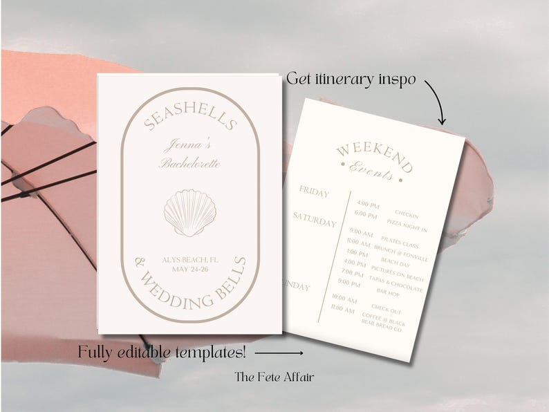 May include: A printable template for a bachelorette weekend itinerary. The template features a seashell design and the text "Seashells & Wedding Bells". The itinerary includes a list of events for Friday, Saturday, and Sunday.
