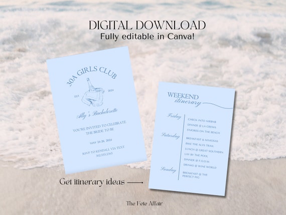 Coastal Bachelorette Invitation and Itinerary, 30A Girls Weekend (Editable Canva Template)