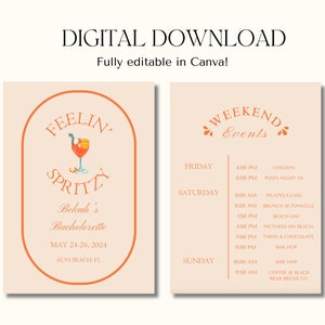Feelin&#39; Spritzy Bachelorette Template and Itinerary Aperol Spritz Bachelorette Spritz Bridal Shower Digital Download Editable Canva Template