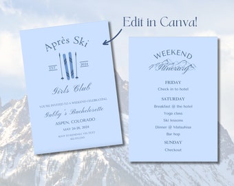 Après Ski Bachelorette Weekend Invitation And Itinerary Template, Aspen Colorado Ski Trip Invite, Editable Canva Template Printable Invite