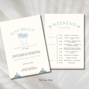 May include: A light blue and white invitation for a bachelorette party at Alys Beach. The invitation includes the name Rebekah Smith and the dates May 24-26, 2024. The invitation also includes a list of weekend events, including check-in, taco and margarita night, bonfires, yoga, and pool time.