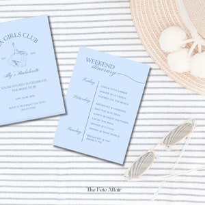 K&ouml;nnte beinhalten: Eine hellblaue Einladungskarte mit dem Text "30A Girls Club" und "Ally's Bachelorette" mit einer Zeichnung einer K&uuml;hlbox und Getr&auml;nken. Die Karte enth&auml;lt auch den Text "You're invited to celebrate the bride to be!" und "May 21-22, 2024".