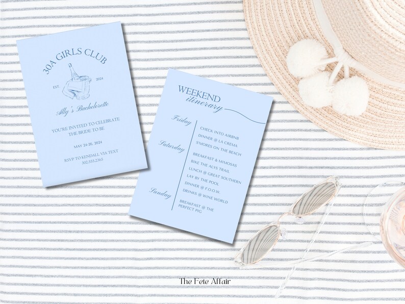K&ouml;nnte beinhalten: Eine hellblaue Einladungskarte mit dem Text "30A Girls Club" und "Ally's Bachelorette" mit einer Zeichnung einer K&uuml;hlbox und Getr&auml;nken. Die Karte enth&auml;lt auch den Text "You're invited to celebrate the bride to be!" und "May 21-22, 2024".