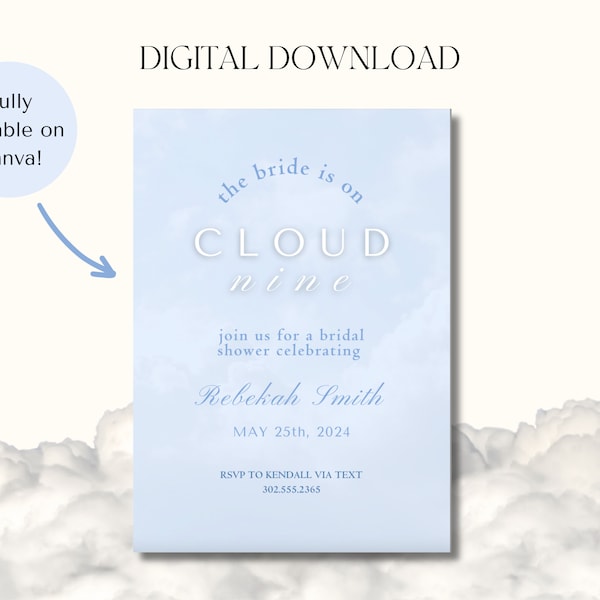 On Cloud Nine Bridal Shower/Bachelorette Invitation Template Digital Download, The Bride Is On Cloud Nine, On Cloud 9 Printable Invitation