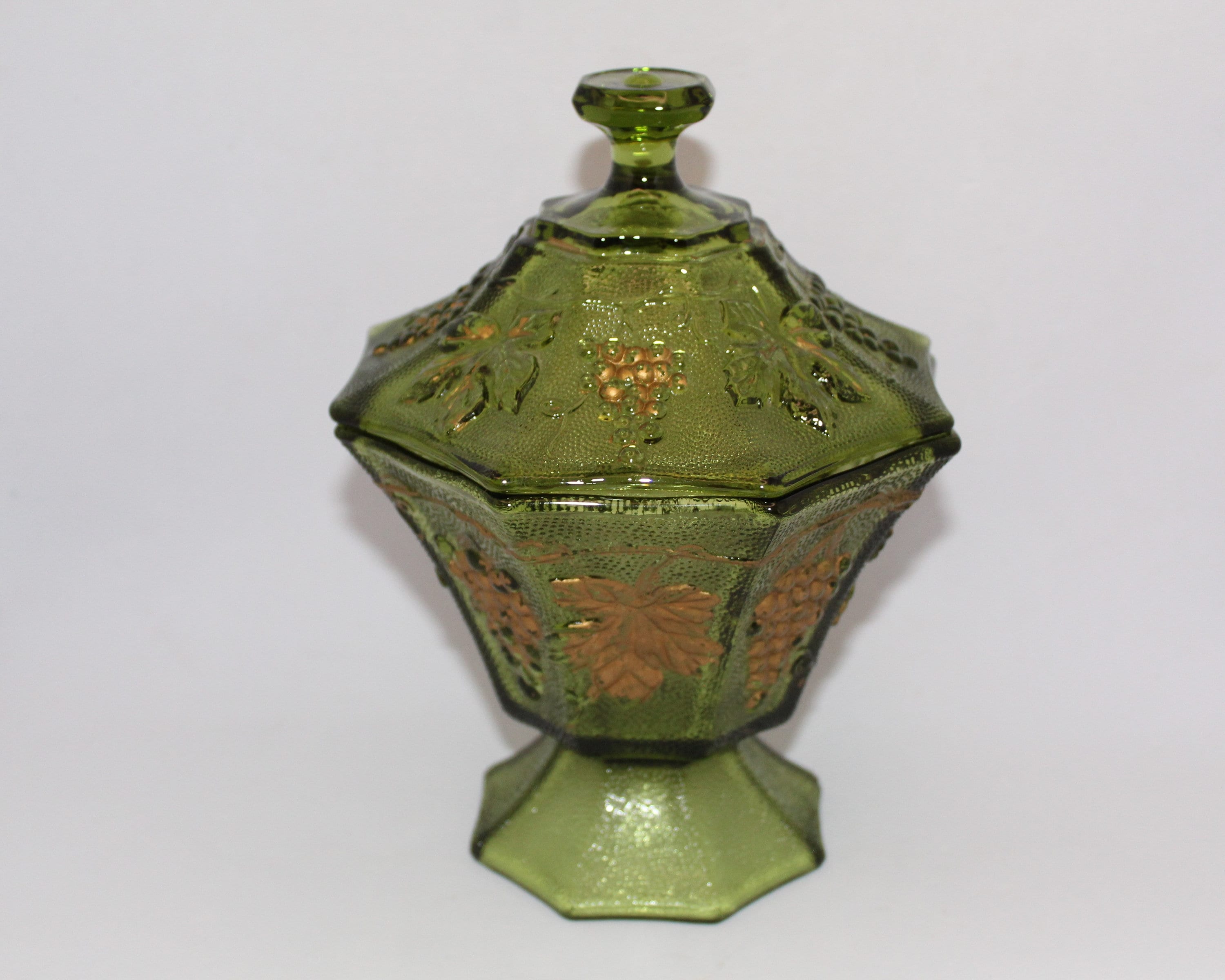Vintage Anchor Hocking Avocado Green Harvest Grape Candy Dish with Gold Trim
