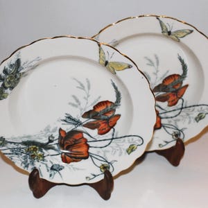 Geweldig paar antieke F Winkle Poppy schalen in rood, geel, oranje en blauw, FW & CO, met vlinders en bijen
