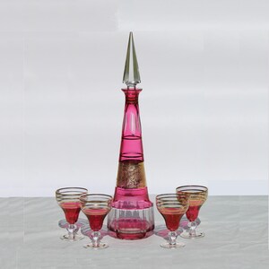 19th Century Moser Gilded Cranberry to Clear Decanter with Goblets - Bohemian Glass at its Finest