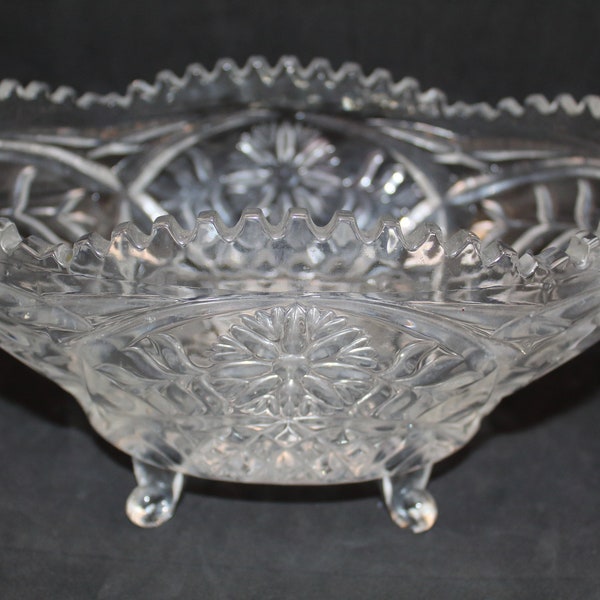 Unique Vintage Footed Oval Pressed Glass Bowl with Primrose and Diamond Pattern and Sawtooth Rim