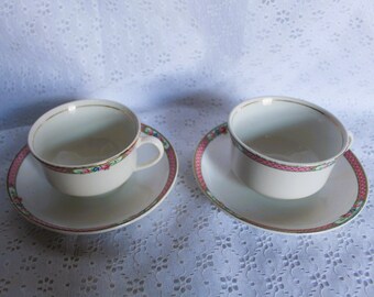 K.T.&K. Knowles, Turner, and Knowles Cup and Saucer Pink Bands, Flowers and Gilding  - SV - Set of 2 - KTK16