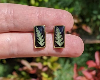 Pressed flower earrings, small fern leaf studs, plant jewelry, nature lover gift, black, brass, white, rectangular botanical post earrings