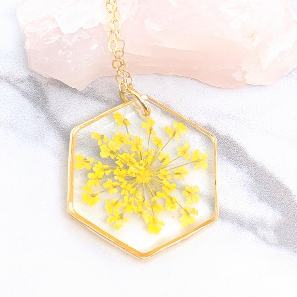 Pressed Flower Yellow Lace Sunburst Necklace, Gold Hexagon, Real Flowers in Resin, Gold Fill Option, Pressed Flower Jewelry, Dried Flowers