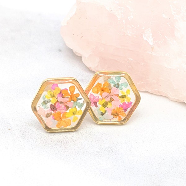 Real Pressed Flower 24K Gold Plated Hexagon Stud Earrings, Pastel Cotton Candy Colors, Dry Flower Jewelry, Titanium posts, Botanical