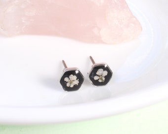 Silver minimalist pressed flower studs, tiny dainty resin jewelry, handmade post earrings, black white, natural botanical, nature lover gift