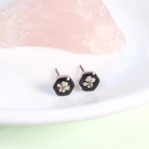 Silver minimalist pressed flower studs, tiny dainty resin jewelry, handmade post earrings, black white, natural botanical, nature lover gift
