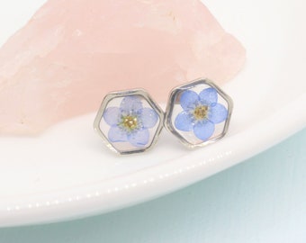 Pressed Flower Earrings, Forget-Me-Not Studs, Hypoallergenic Titanium Posts, Real Dry Flower, Plant, Hexagon, Gold, Silver, Preserved Nature