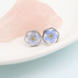 May include: A pair of silver hexagonal stud earrings with a pressed blue flower inside each earring.