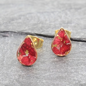 Real Pressed Flower Stud Earrings, Crushed Red Rose Petal Gold Teardrop Posts, Burgundy, Handmade Pressed Flower Jewelry, Bridal, Bridesmaid