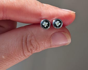 Tiny real pressed flower earrings, small circle studs, minimalist jewelry, botanical titanium posts, hypoallergenic, handmade resin jewelry
