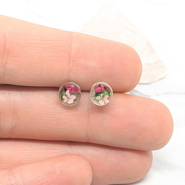 Pressed Flower Earrings, Teeny Tiny Post Earrings in Magenta, Light Pink, and Green, Real Flower Jewelry , Minimalist Posts, Titanium studs