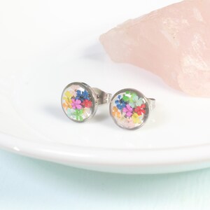Small rainbow flower studs, pressed flower post earrings, hypoallergenic titanium, handmade resin jewelry, colorful, silver, gold, botanical