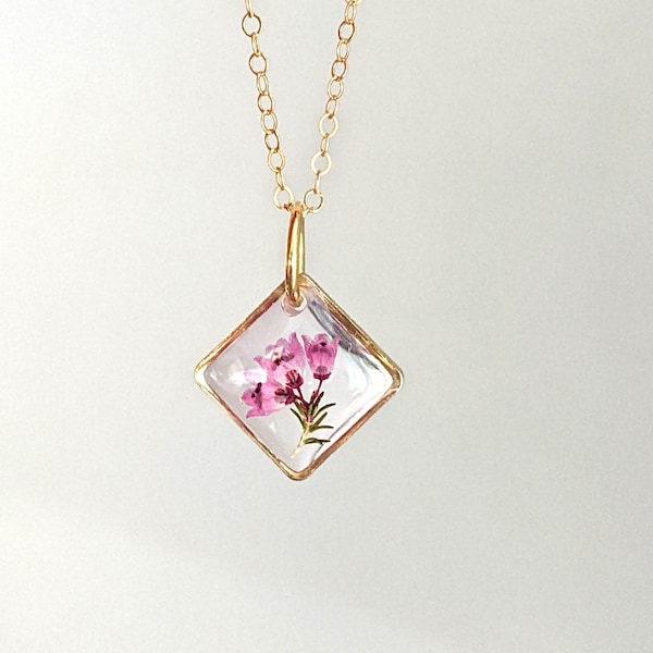 Resin necklace, small pressed flower jewelry, pink heather pendant, dainty handmade square diamond, botanical dried wildflower gift, nature