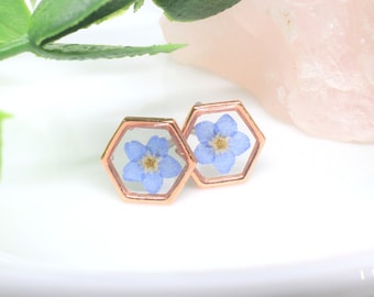 Pressed Flower Earrings, Rose Gold, Blue Forget-me-not Studs, Real Dried Flower Posts, Pressed Flower Jewelry, Botanical Forgetmenot Jewelry