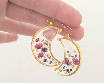 Pressed Flower Earrings, Resin Moon Dangles, Real Dried Flowers, Handmade, Silver, Rose Gold, Bronze, Gold, Botanical, Baby's breath, Nature