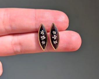 Marquis pressed flower earrings, black & white titanium stud posts, botanical plant lover gift, handmade resin jewelry, wildflowers, nature