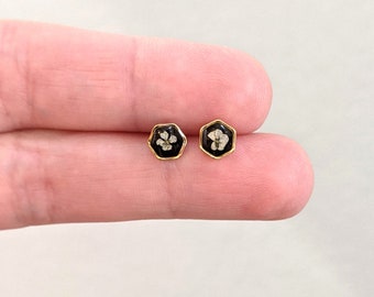 Tiny real pressed flower earrings, Gold hexagons, white, black, minimalist studs, pressed flowers, titanium posts, handmade resin jewelry