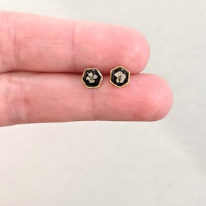 Tiny real pressed flower earrings, Gold hexagons, white, black, minimalist studs, pressed flowers, titanium posts, handmade resin jewelry