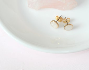 Small Modern Minimalist White and Gold Studs, Resin Earrings, Hypoallergenic Titanium, Geometric Gold Circles, Frosty White, Every day Studs