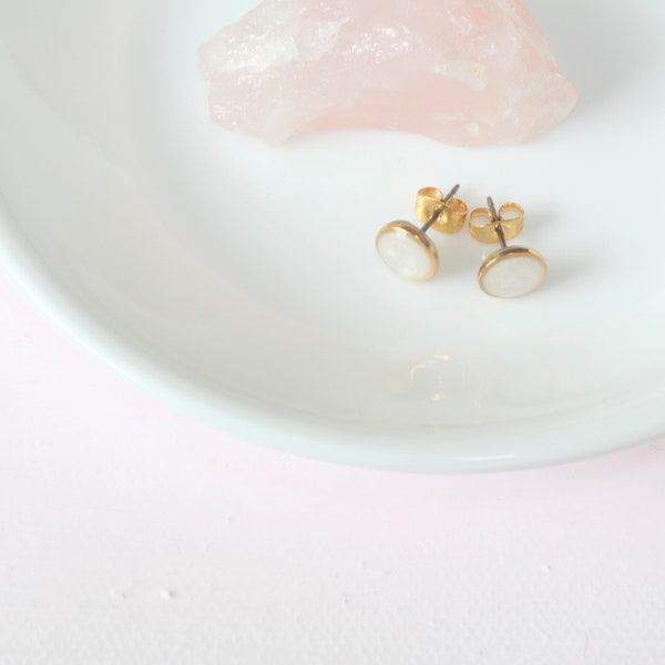 Small Modern Minimalist White and Gold Studs, Resin Earrings, Hypoallergenic Titanium, Geometric Gold Circles, Frosty White, Every day Studs