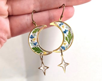 Pressed flower moon and star earrings, resin dried flower dangles, botanical lunar jewelry, handmade, celestial, fern leaves, nature, brass