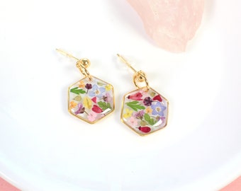 Pressed flower earrings, small hexagon dangle studs, handmade resin wildflower jewelry, colorful mixed botanical jewelry, nature lover gift