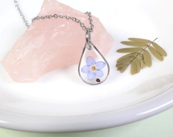 Petit collier de graines et de fleurs de myosotis en forme de larme, pendentif ne m'oublie pas, cadeau de fausse couche, perte, chagrin, souvenir, fleurs pressées