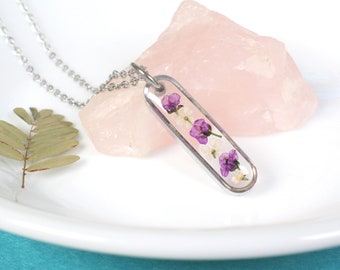 Pressed flower necklace, Dainty Oval Bar, Small Purple and White Dried Flowers in Resin, Delicate, Silver, Nature, Handmade botanical