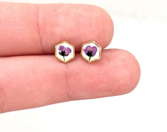 Teeny tiny gold pressed flower earrings, hexagon titanium studs, botanical plant jewelry, nature lover gift, dry flower resin posts, purple