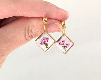 Dainty pink heather pressed flower earrings, small square dangles in silver or gold, handmade resin botanical jewelry, wildflower ball studs