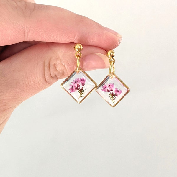 Dainty pink heather pressed flower earrings, small square dangles in silver or gold, handmade resin botanical jewelry, wildflower ball studs