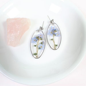 Silver forget me not earrings, pressed flower resin jewelry, blue forget-me-not dangle stud earrings, bridal, botanical, nature gift for her