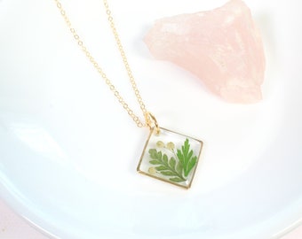 Gold fern leaf necklace, plant jewelry, nature lover gift, handmade resin pendant, pressed flower, preserved woodland botanicals, green leaf