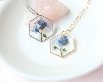 Forget-Me-Not Necklace,  Pressed Flower Necklace, Hexagon Forget Me Not Pendant, Resin Plant, Handmade Botanical Mother's Day Gift for Her