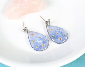 Silver forget me not earrings, Mother's Day gift, pressed flower earrings, handmade jewelry, resin, botanical, handcrafted, forget-me-not