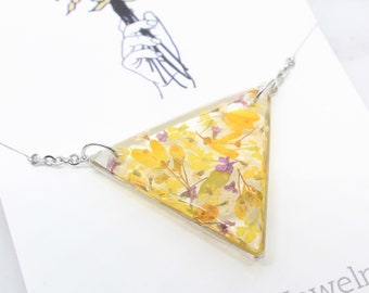 Silver Triangle Necklace with Real Pressed Flowers in Mustard and Bright Yellow and Dusty Purple - Boho Bohemian