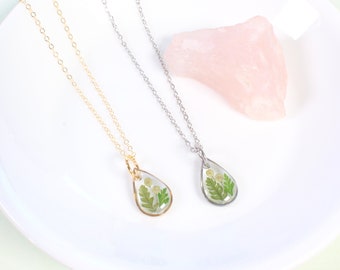 Tiny fern necklaces, real pressed fern leaf in resin, handmade nature plant jewelry, forest necklace, teardrop pendant, gold filled, silver
